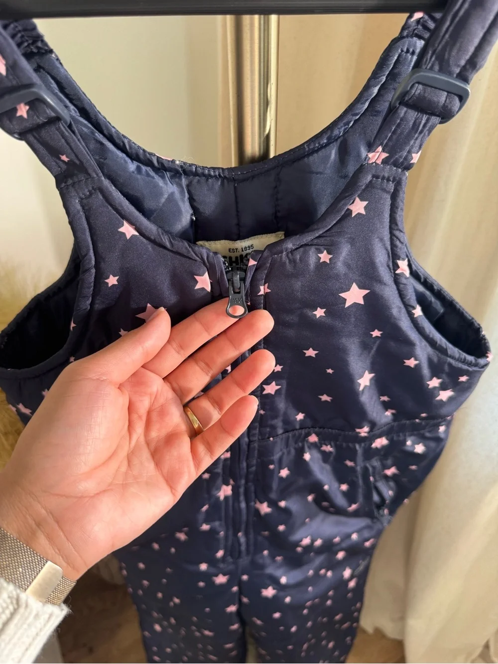 Navy Star Print Snow Bib Overalls - Pink Stars - Picture 2 of 9